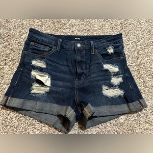 Aero Women's High Rise Curvy Distressed Denim Shorts - Dark Blue